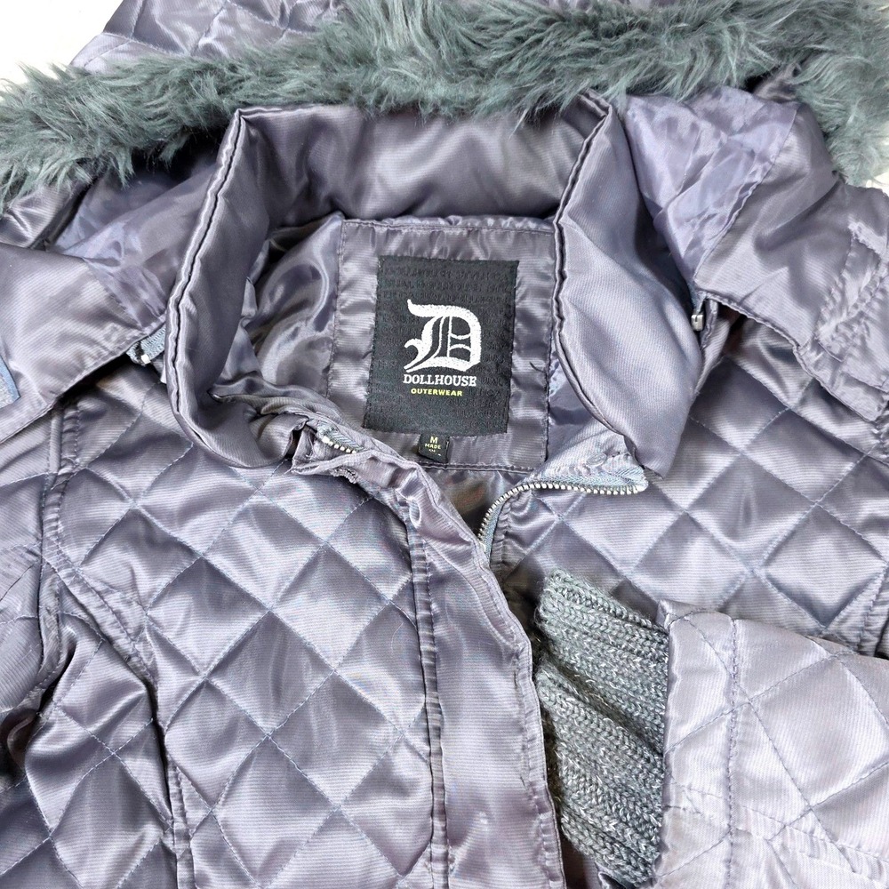 Dollhouse‎ Quilted Puffer Jacket Womens Med Gray Faux Fur Hood Gorpcore Y2K